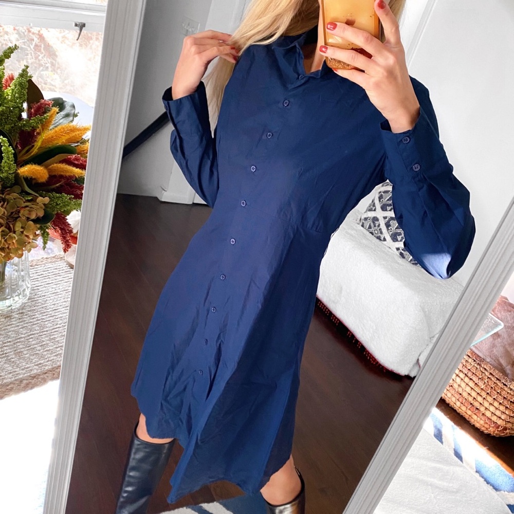 💙 MANGO NAVY COTTON LONG SLEEVE COLLARED KNEE LENGTH BUTTON DOWN DRESS! - Picture 2 of 12